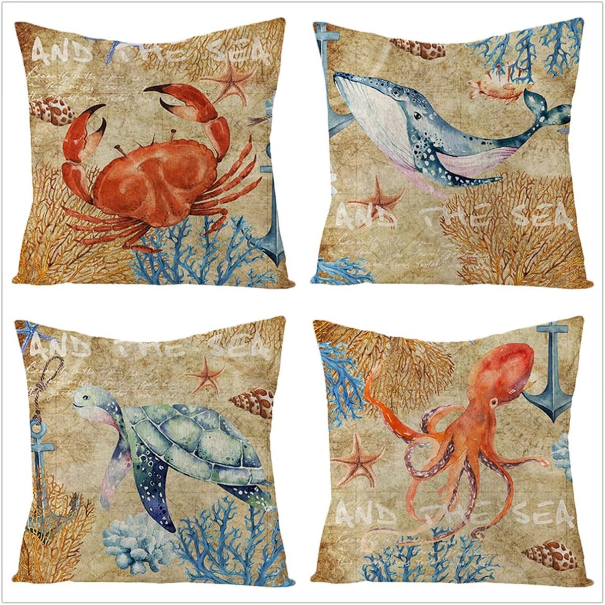 Kussenslopen 60 x 60 cm, kussenslopen 60 x 24 inch, fluwelen zachte kussenhoes voor buiten met onzichtbare rits voor sofa stoel woonkamer, set van 4 vintage zeedieren