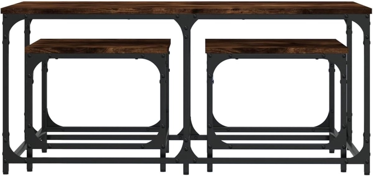 3 stuks, rookeiken hout, 100 x 50 x 45 cm + 2 x 39 x 39 x 34 cm, stapelbaar en multifunctioneel als salontafel, bijzettafel of nachtkastje voor woonkamer, slaapkamer en kantoor
