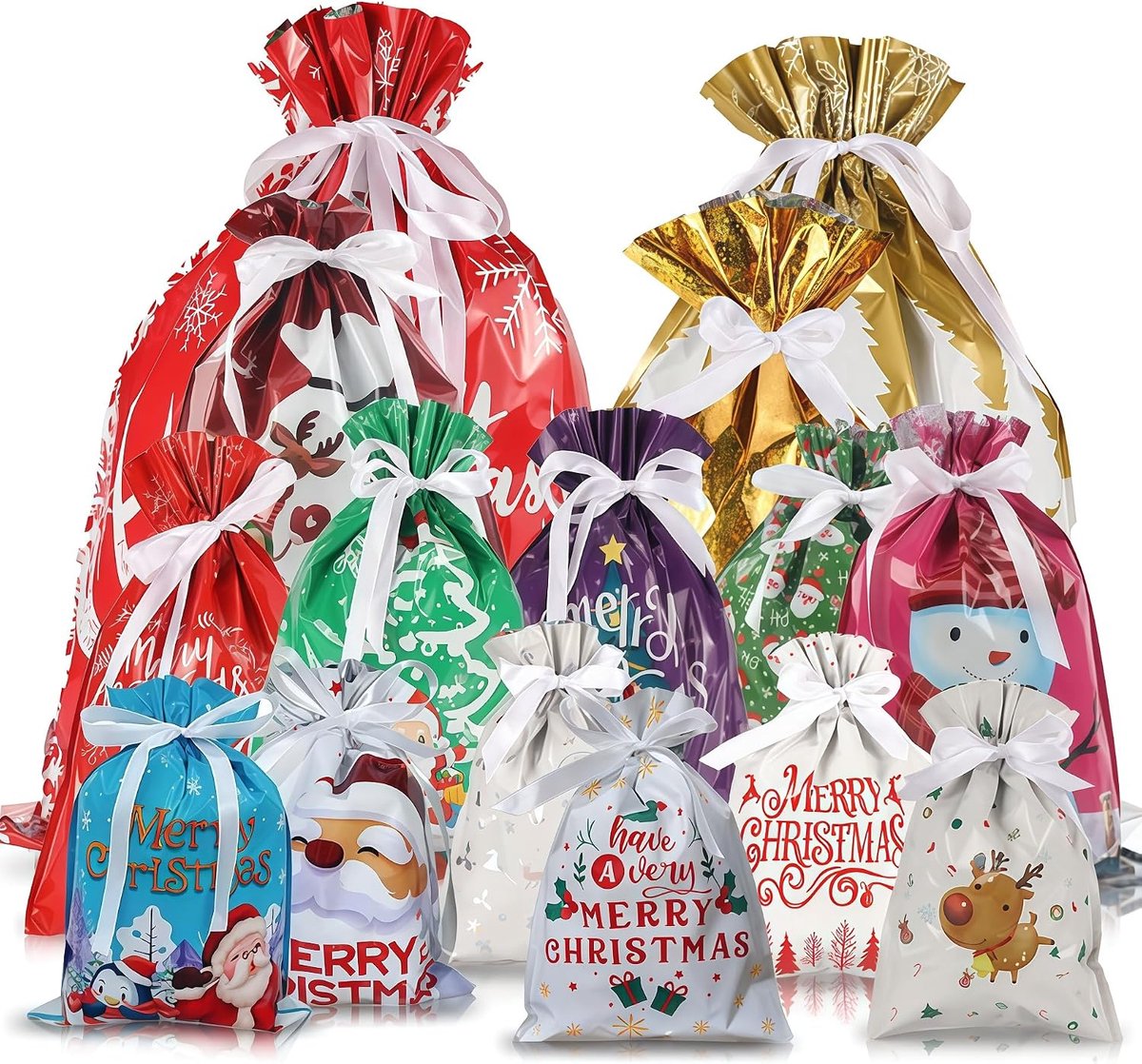 Trekkoord Geschenkzakken - Herbruikbare Folie Xmas Tie Zakken voor Cadeautjes, Groot, Medium, Kleine Maten, 10 Ontwerpen voor Kerstfeest, Cadeautjes, Vakantie (15)