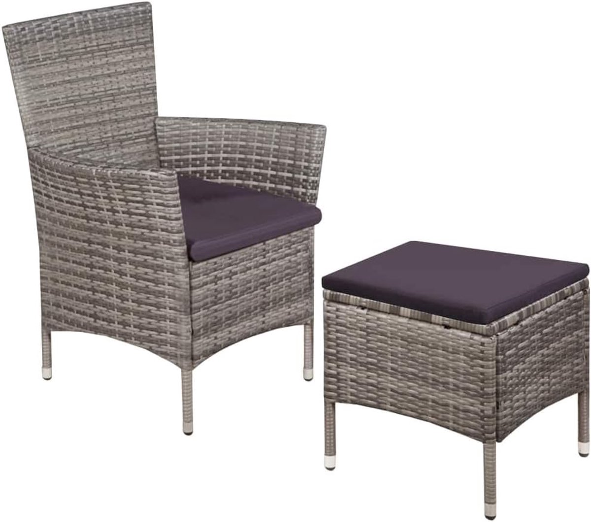6-delige set eetkamerstoelen voor de tuin, 1 fauteuil, 1 kruk/4 kussens, rotan meubelset voor tuin/terras/buiten, stalen frame, grijs