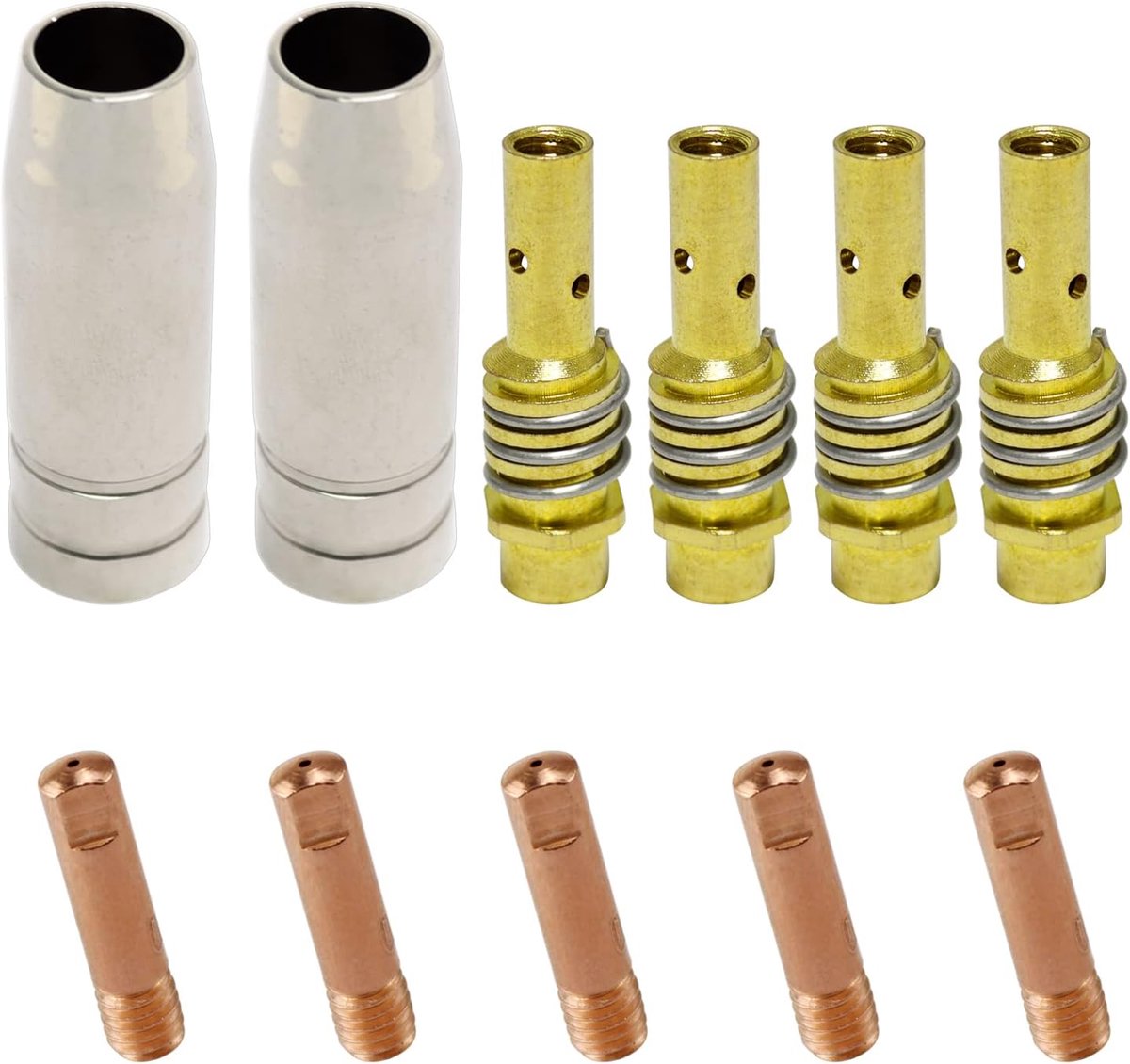 Set lasaccessoires geschikt voor MIG/MAG lasbranders 11 delen | 2 x gasmondstuk MB15 | 4 x mondstukken | 5 x stroommondstuk M6 0,8 mm