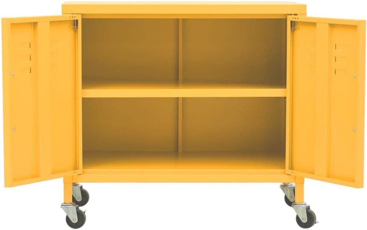 Opbergkast, mosterdgeel, 60 x 35 x 56 cm, staal, bureaukast, woonkamer, geschikt voor woonkamer, slaapkamer, kantoor