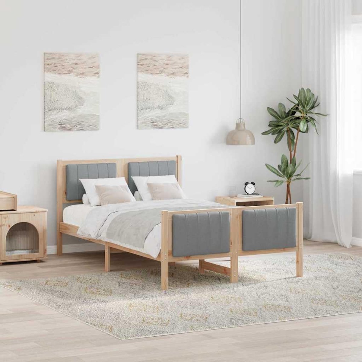 Grenenhout platformbed lichtgrijs hoofdbord 120x190 cm naturel