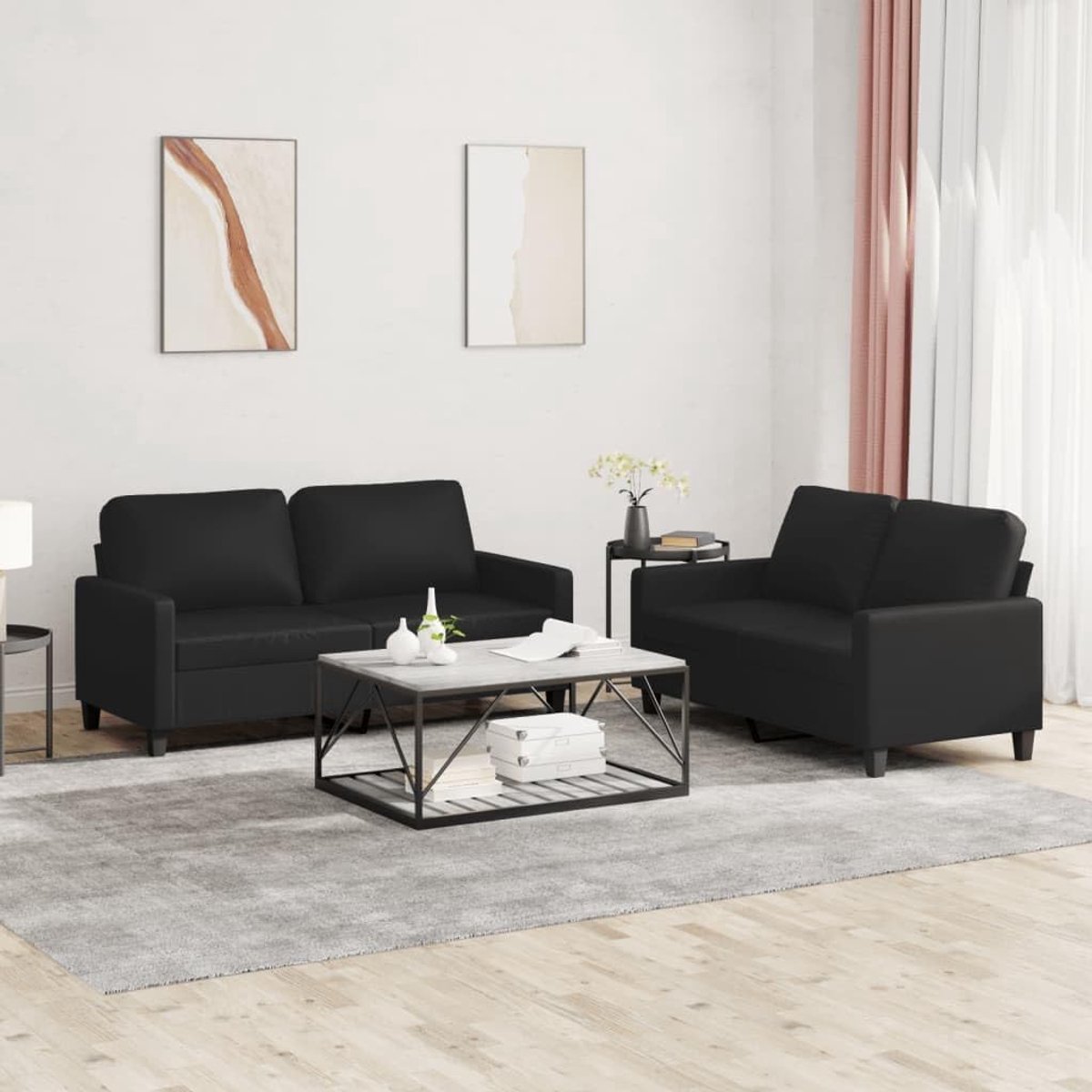 2-delige bankset met kussen, 2-zitsbank, gestoffeerde bank, loungessofa, stoffen bank, gastensofa, 2-zits, stoel, woonkamerbank, zitmeubel voor woonkamer, zwart kunstleer