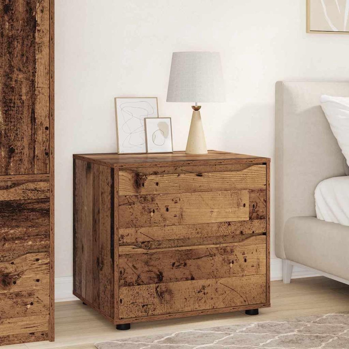Opbergkast Oud Hout 60 x 48 x 57 cm Bewerkt hout met lades, minimalistische design kast voor woonkamer en slaapkamer, verstelbare plank kast met kogellagers, stabiele bun te reinigen opbergmeubel