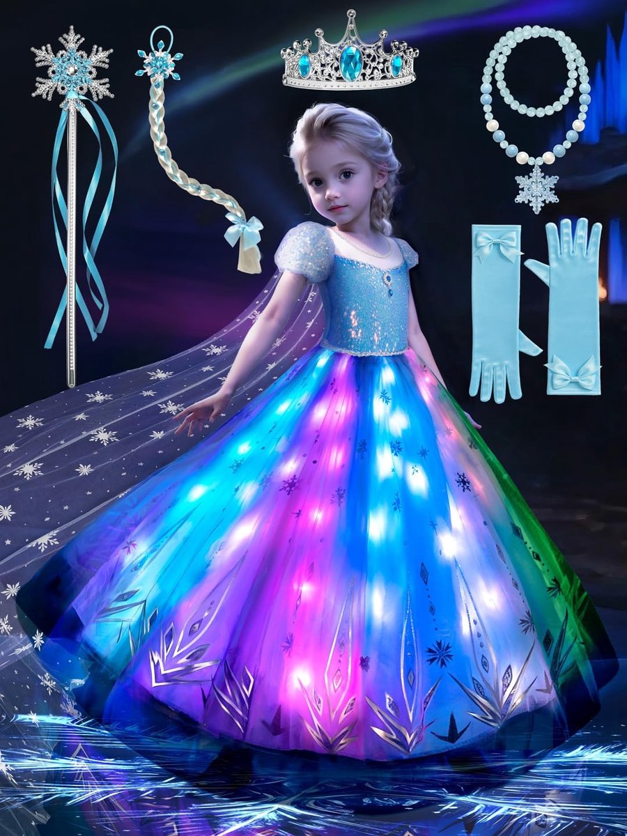 Kostuum voor meisjes, synchronisatie, muziek, bestuurbaar via app, partyset met 6 accessoires voor Halloween, Kerstmis