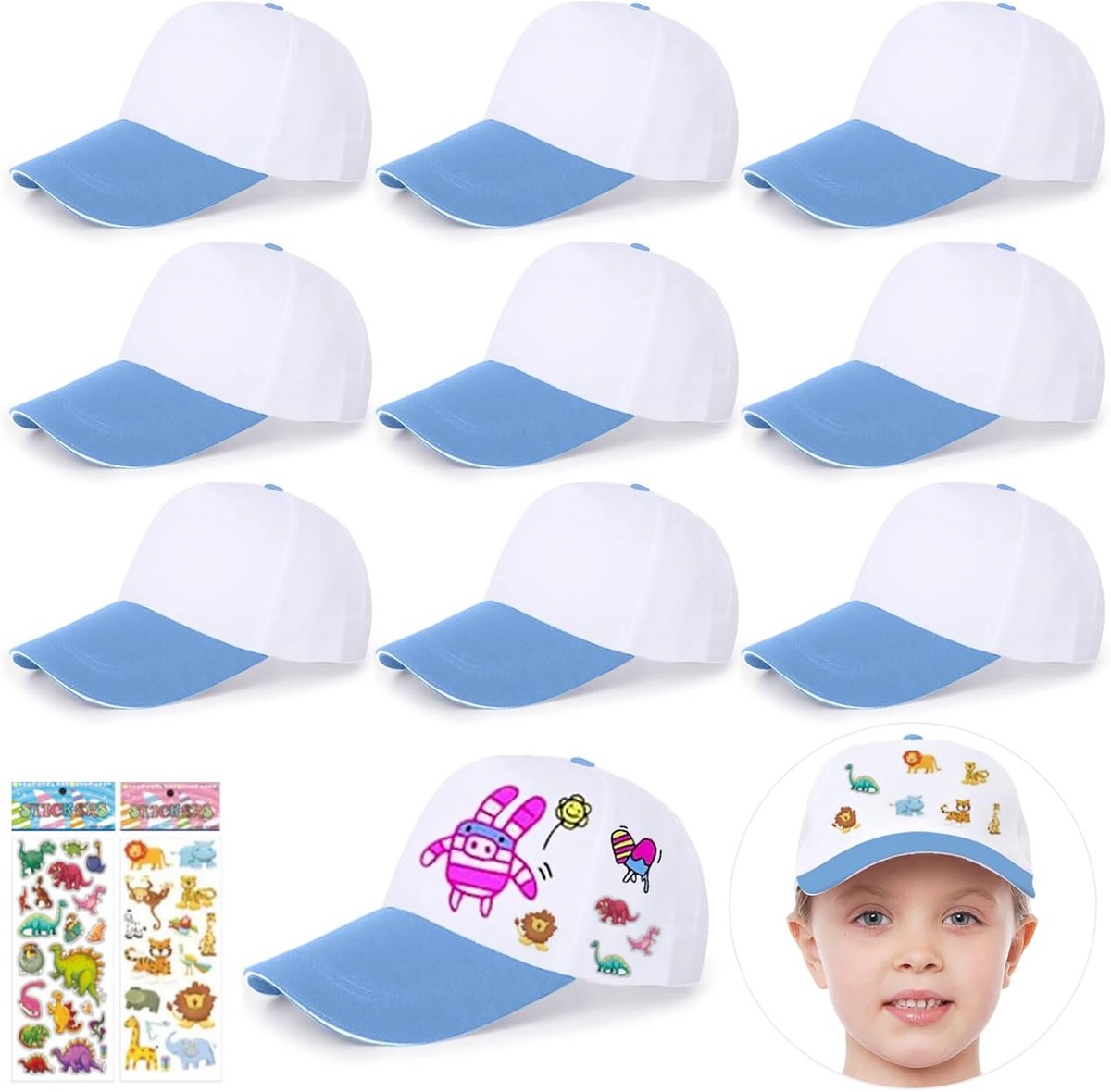 Baseballpetten, 9 Stuks Doe-Het-Zelf-Pet voor Kinderen Honkbalpetten Effen Kinderpet Creatieve Muts Casual Strand Zonnehoeden Graffiti Tekening Hoed Verstelbare Sport-Casual Pet