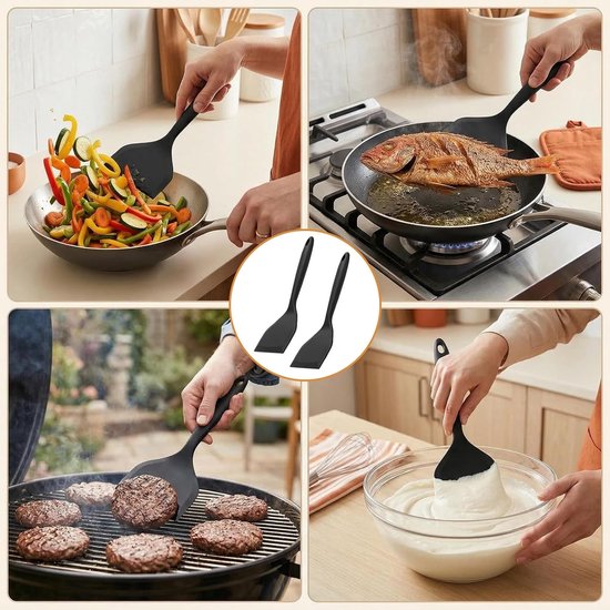2 stuks siliconen spatel met antiaanbaklaag, groot (25 x 12 cm), hittebestendig (-40 °C tot 230 °C), BPA-vrij, voor het koken van vis en pannenkoeken, zwart — afbeelding 3