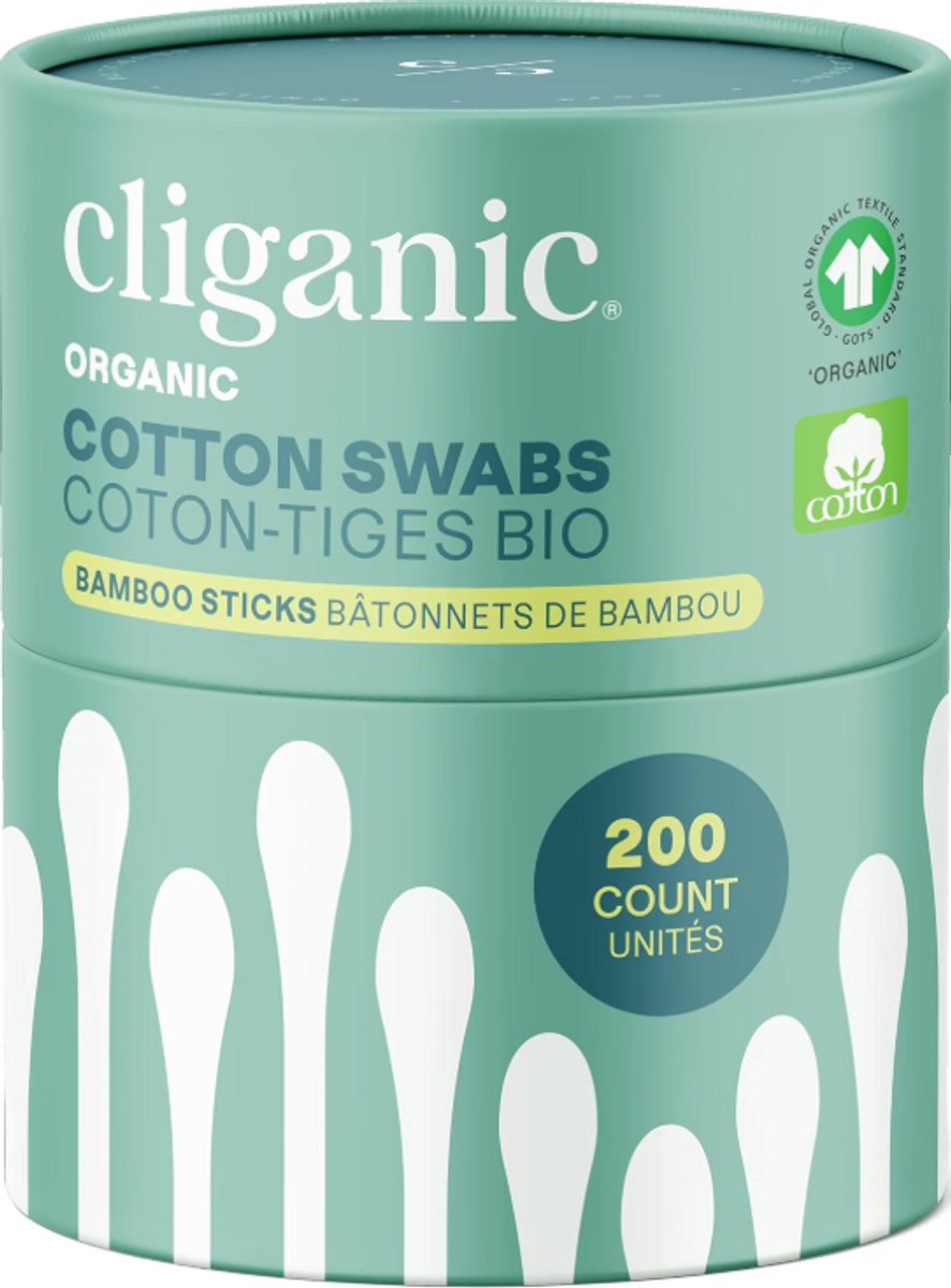 Cliganic Biologische Bamboe Wattenstaafjes – 200 Stuks – 100% Natuurlijk Katoen – Chloorvrij – Hypoallergeen – Zacht & Absorberend