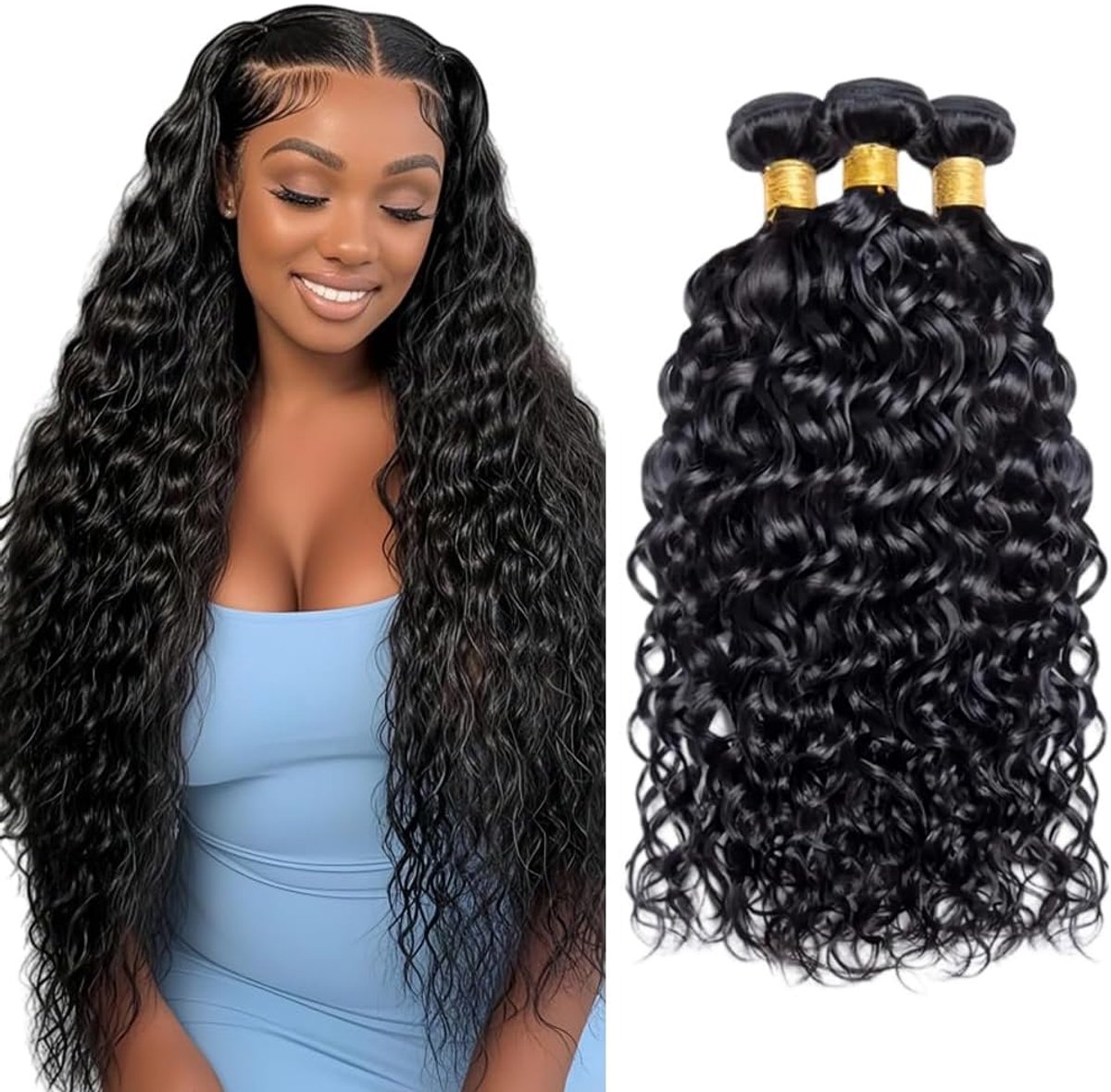 30 32 34 Inch Water Wave Bundles Human Hair #1B Natural Black Haarverlenging Unprocessed Double Weft Weave Brazilian Remy Virgin Human Hair Extension 100g/bundle Total 300g