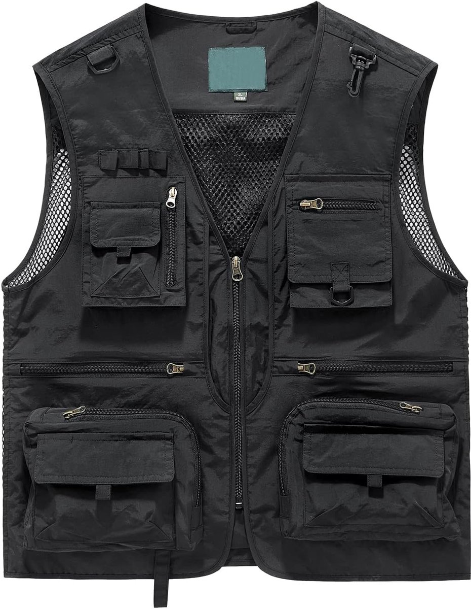Meerdere zakken visvest mouwloos ademend mesh vest voor jachtfotografie, zwart, L