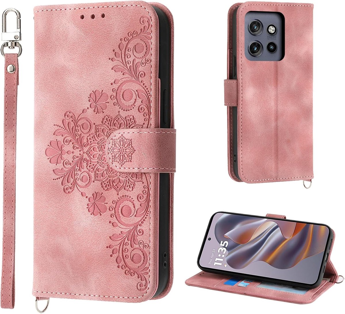 Hoes voor Motorola Edge 50 Neo 5G 6.55, 5 Kaartsleuven Case voor Motorola Edge 50 Neo Vintage Stijl PU Bloem Lederen Beschermhoes, Roze