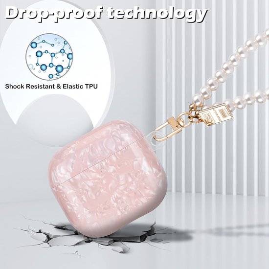 Compatibel met Airpods 4e generatie met parelsleutelhanger, beschermhoes met glinsterende schelptekening voor meisjes, TPU-hoes, schokbestendig, krasbestendig, antislip, roze — afbeelding 3