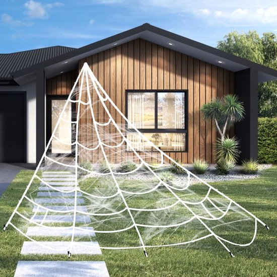 Halloween spinnenweb - Gesimuleerd spinnenweb - Wit driehoekig web - Buitendecoratie - Geschikt voor binnen- en buitenterrassen - Huizen - Gazondecoratie - Wit - 5*4,8 m