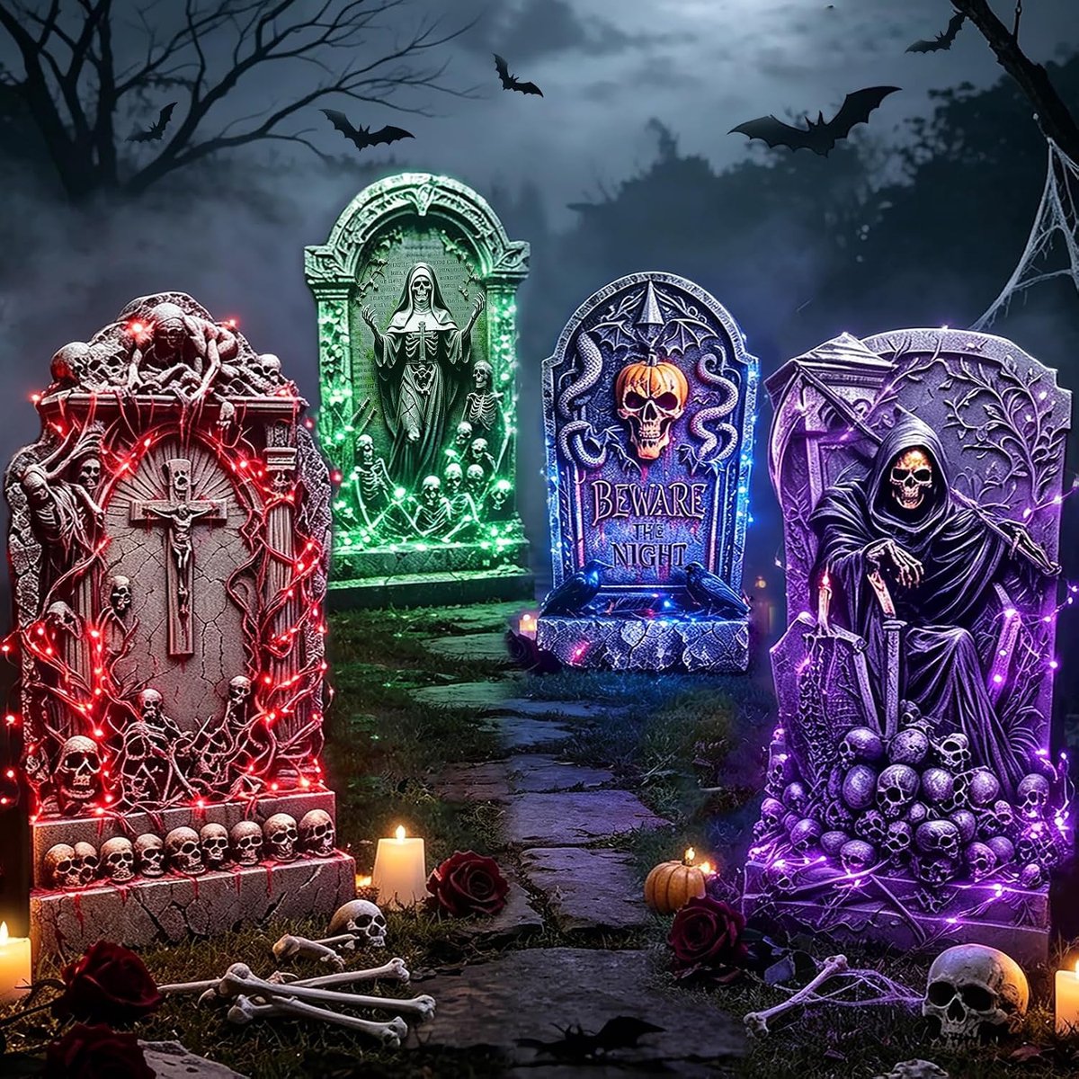 Set van 4 waterbestendige Halloween-grafsteenversieringen – griezelige tuindecoratie, verlichte decoratie voor feestjes, spookhuizen en kerkhof-opstellingen in de tuin
