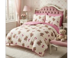Teddybeer & Strikjes Dekbedovertrek - Lits-Jumeaux - Geschikt voor 240x200/220 cm - Roze - Inclusief 2 Kussenslopen - Microvezel - Coquette & Cottagecore Stijl