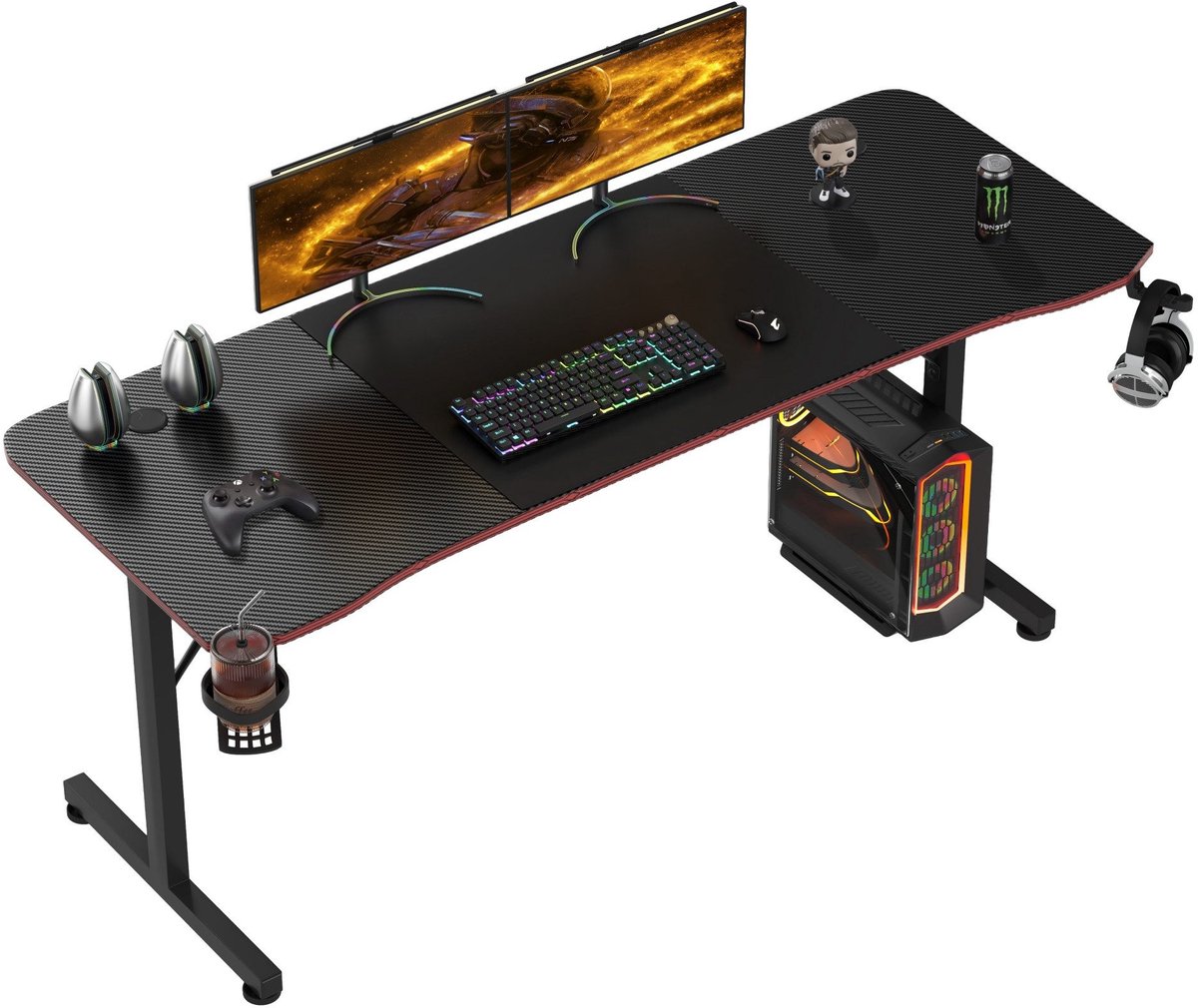 Devoko Gamingbureau 180 × 60 × 75 cm – Ergonomisch Bureau met Gebogen Carbonlook Tafelblad – Inclusief XL Muismat, Kabelgoot, Bekerhouder en Koptelefoonhaak – Zwart