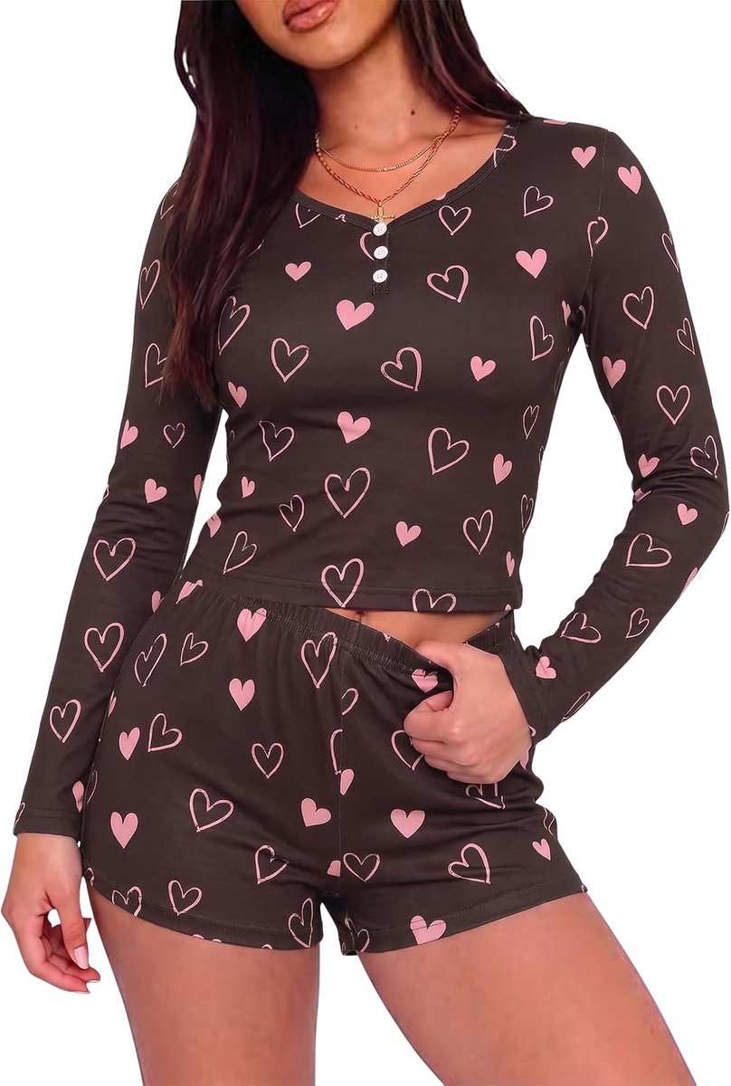 Pyjama voor dames, lange mouwen, shorty, tweedelig met knoopsluiting