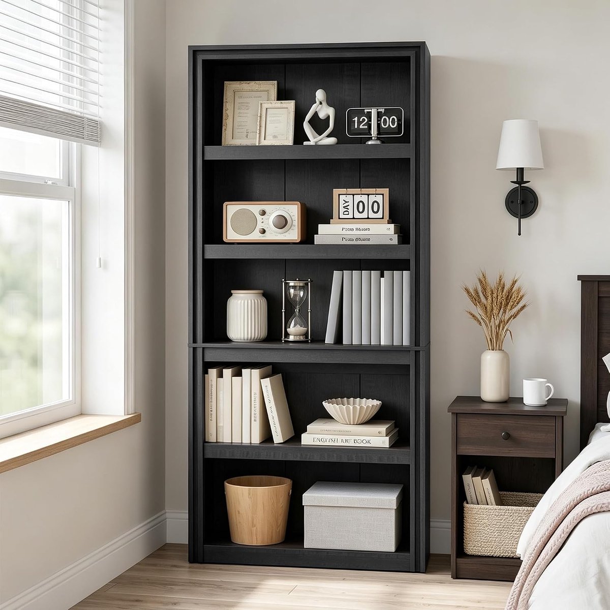Houten boekenkast 80x30x180cm - Zwart - 5 legplanken - ruime opbergkast voor boeken en decoratie