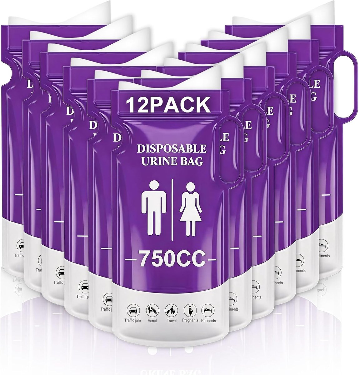 12 stuks reistassen voor urine, 750 ml, draagbare urinezakje, wegwerp-urinezak met handvat, reistas voor kamperen, reizen, wegverkeer