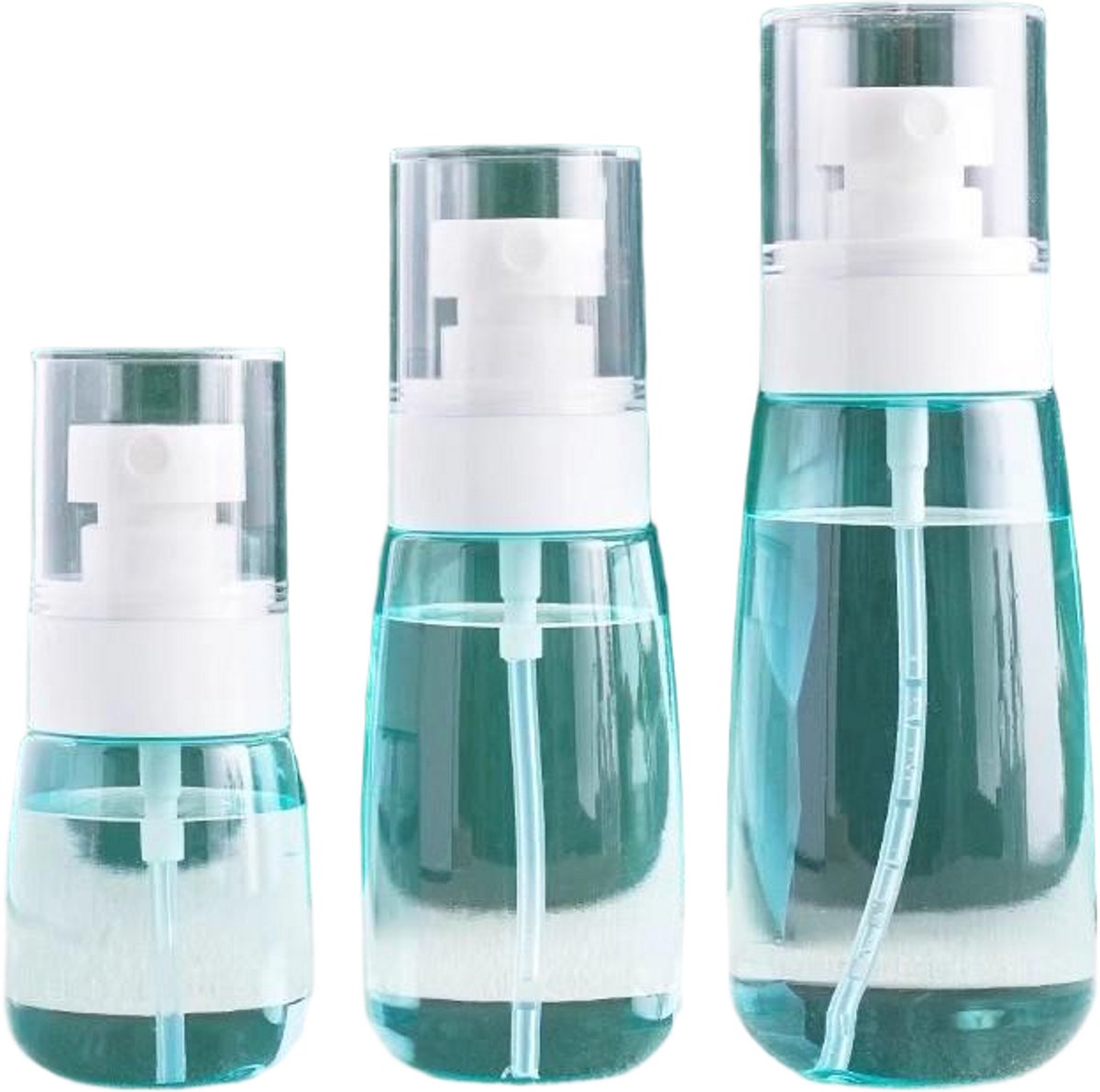 Set van 3 verstuivers voor fijne nevel – Compact en draagbaar – Dubbele, lekvrije afdichting met schroefdop – Gemaakt van nieuw materiaal; schoon en eenvoudig te reinigen – Set bevat flacons van 30 ml, 60 ml en 100 ml.