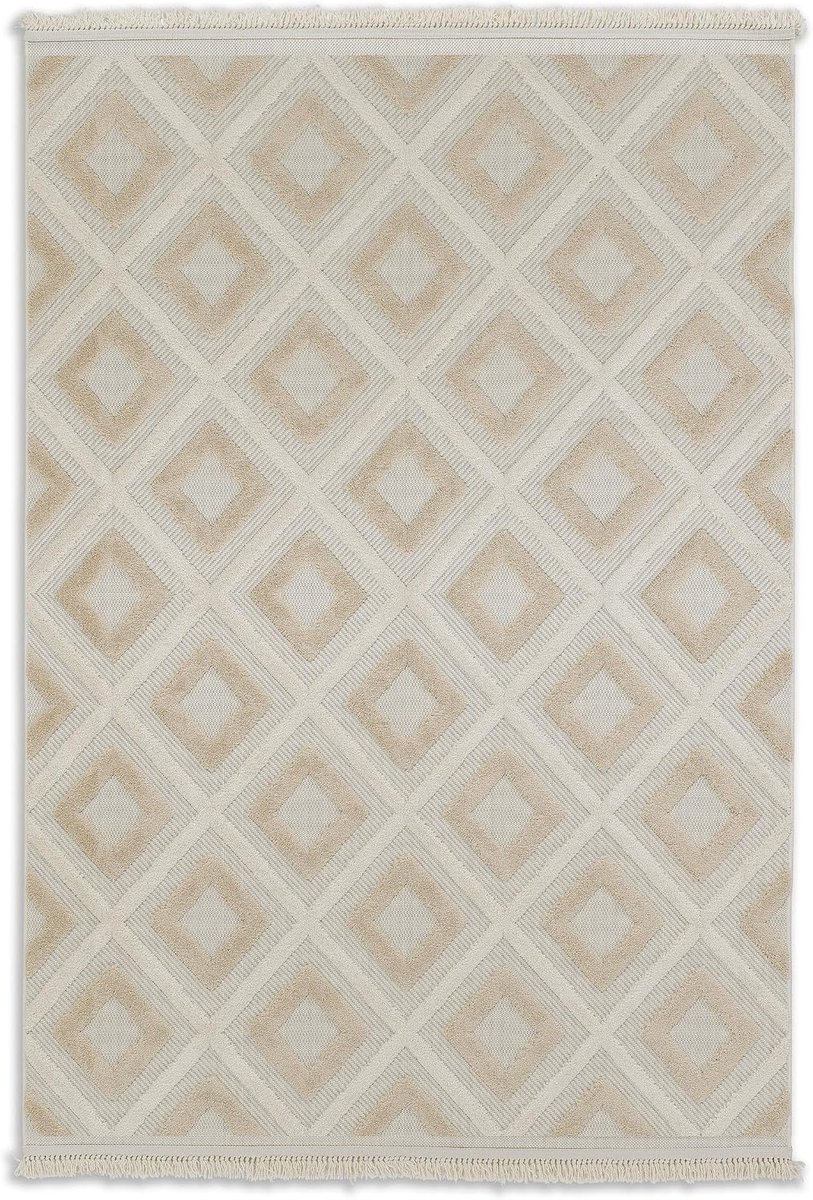Tapijt weerbestendig - tapijt woonkamer - buitentapijt slijtvast balkon, terras, tuin - diamanten beige 160 x 230 cm