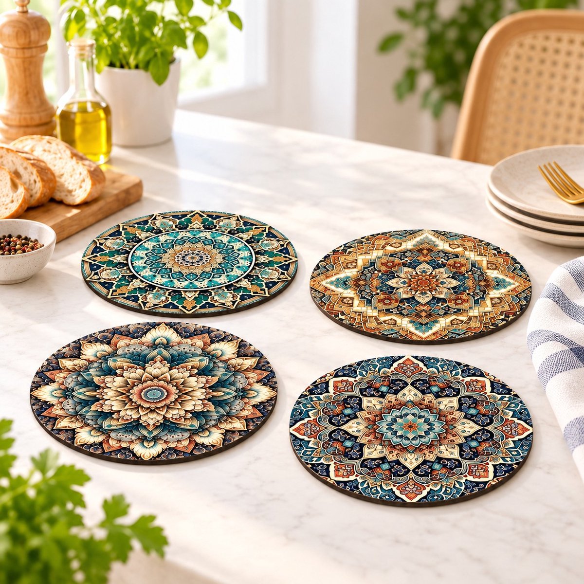 Onderzetters Mandala 15 x 15 cm - Hout - Mandala - Onderleggers - 4 stuks - Onderzetters - Coasters - Houten onderzetters - Onderzetters voor glazen - Onderleggers voor glazen of Kopjes - Verjaardagscadeau - Moederdag - Vaderdag - Fun Cadeau