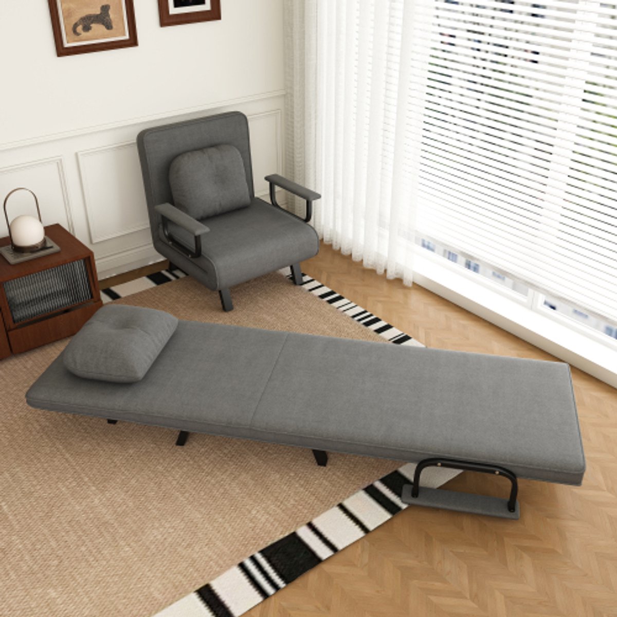 Intebiki opvouwbare loungestoel voor buiten - vrijetijdsstoel ligstoel fauteuil 3-in-1 multifunctionele stoel - In 5 standen verstelbare rugleuning – Fluwelen – 180° verstelbaar – Grijs