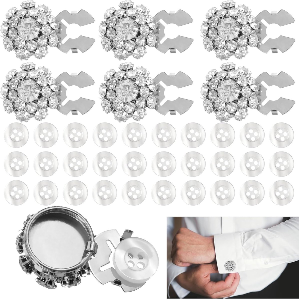 6 stuks strass-steentjes knoopafdekkingen met 30 knoppen decoratieve