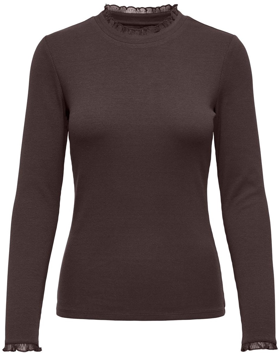 Only bruine dames top   Ronde hals   Regular fit   Geen zakken   Kant patroon   Lange mouw Bruin XL