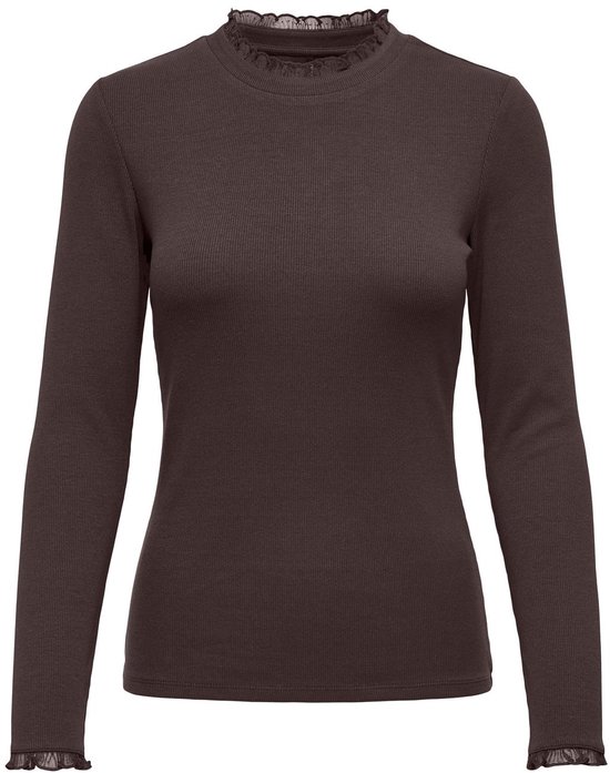 Bruine ribgebreide longsleeve top met ruches bij de hals en mouwen.