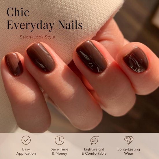 24 stuks Press On Nails Kort Vierkant Bruin - Complete Manicureset met Nagellijm, Vijl en Houten Staafje voor Thuismanicure — afbeelding 4
