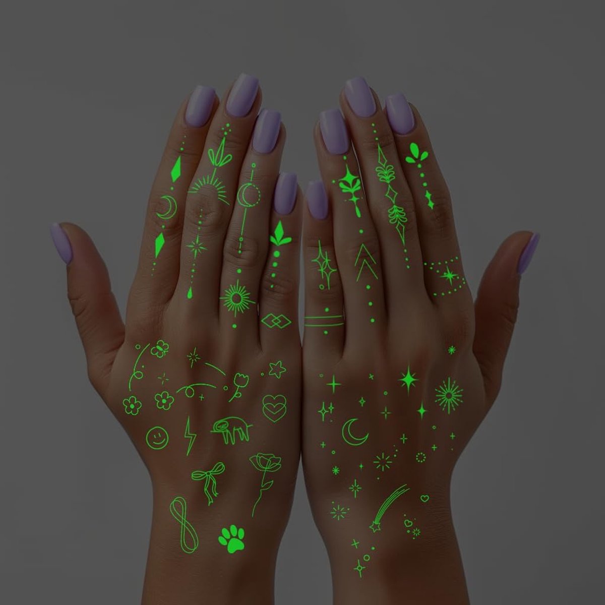 Tijdelijke tatoeagestickers voor dames, lichtgevende minimalistische vingermotieven, filigraan boho-decoraties, fijne lijnkunst, nep-tattoo-set voor dames