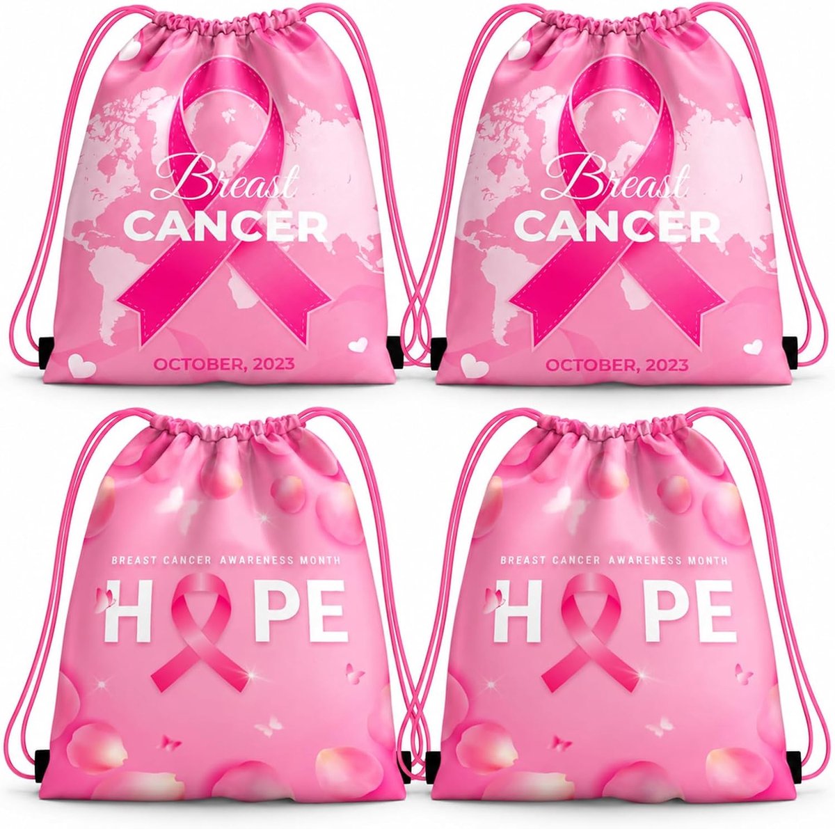 4 roze koordzakken, rugzak van katoen met roze strik, borstkanker, strandtas, sport, zwembad, cadeau voor dames