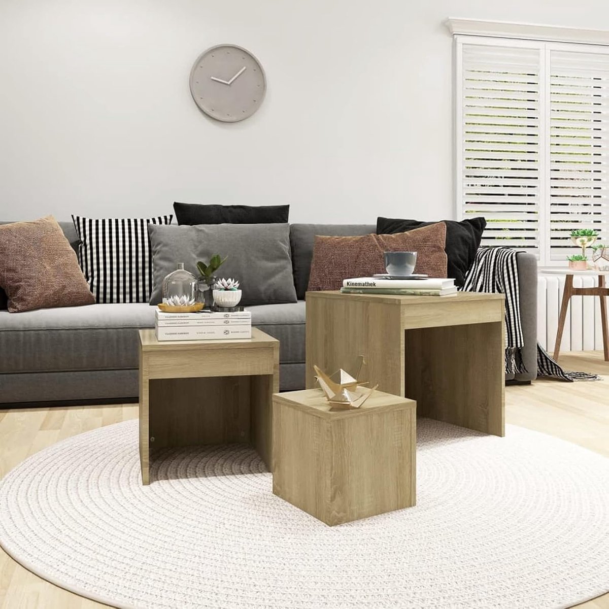 3 stuks, set van 3 koffietafels, lage tafels voor de woonkamer, salontafel, plantenstandaard eiken sonoma van spaanplaat