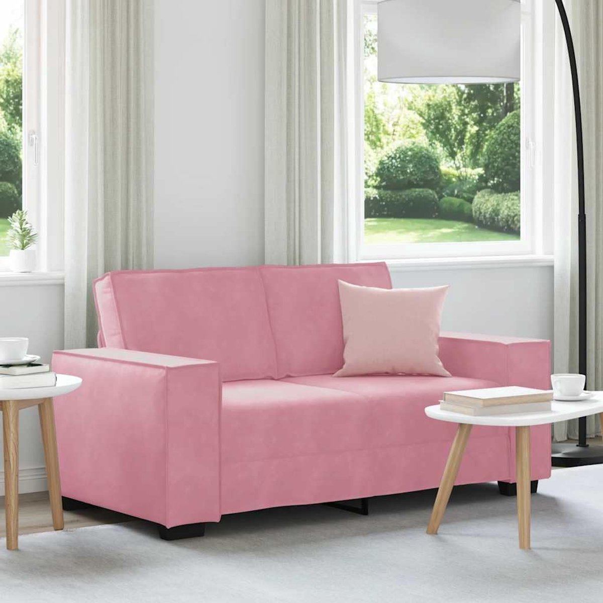2-zitsbank in roze, 120 cm breed, fluwelen bekleding, zacht comfortabel kussen, robuust houten metalen frame, brede armleuningen, veelzijdig voor woonkamer en kantoor