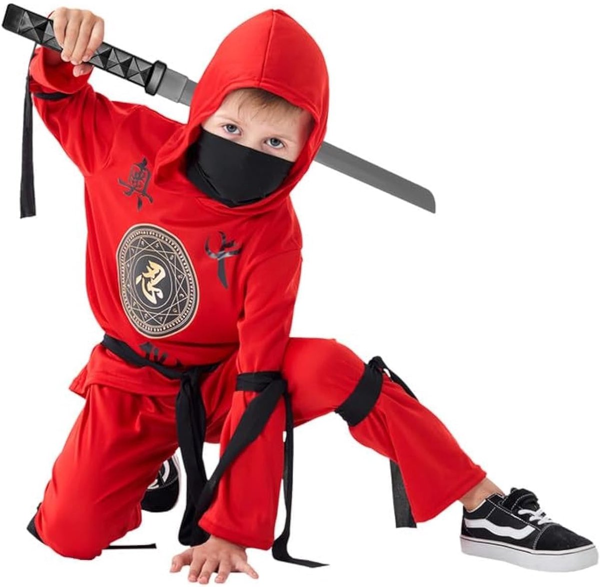 Ninjakostuum met capuchon, broek, linten en speelgoedzwaard voor Halloween-cosplayfeest voor kinderen