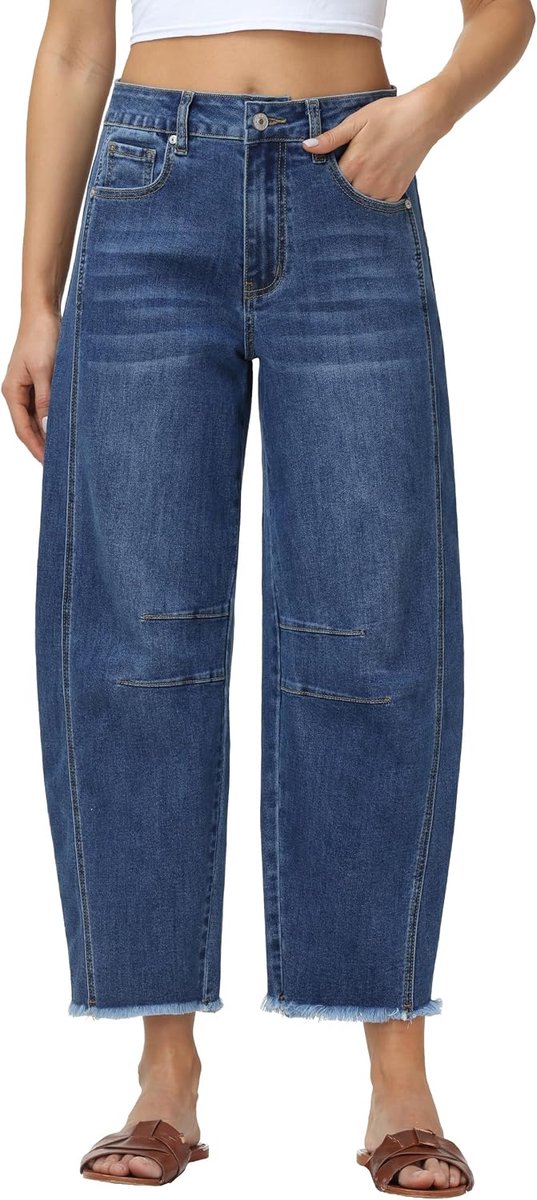 Jeans Barrel hoge taille wijde pijpen jeans stretch baggy raw zoom enkellange jeans met zakken