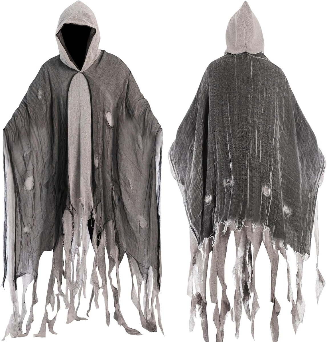 Spookcape met capuchon, griezelig magere man-kostuum, Halloweenkostuum voor volwassenen, griezelig Halloween-kostuum, geest voor heren en dames, carnaval, maskerade, cosplay party