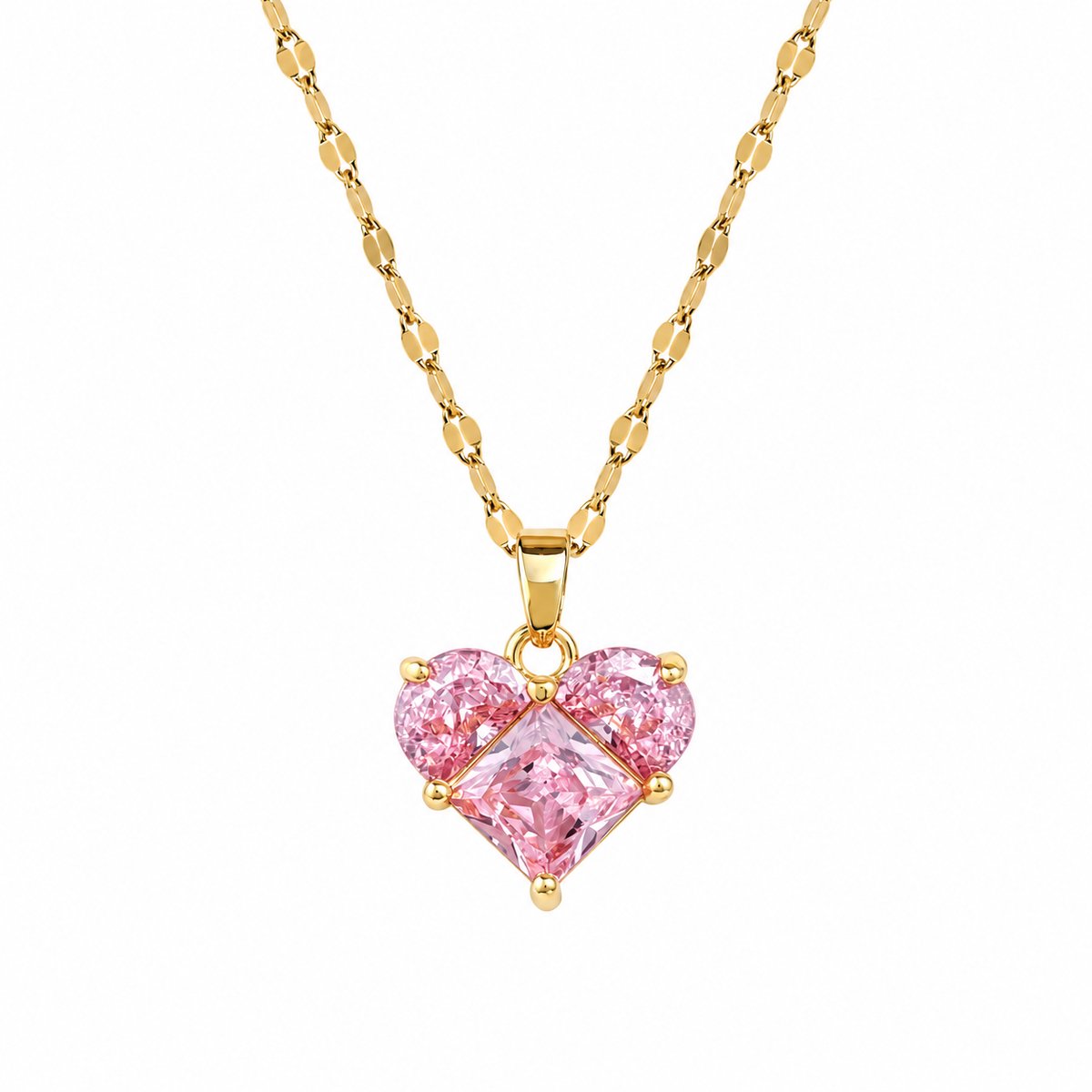 Luxamore® Ketting Dames – Gold Plated – RVS Stainless Steel – Roze Hartvormige Hanger – Zirkoon – Cadeau voor Vrouwen