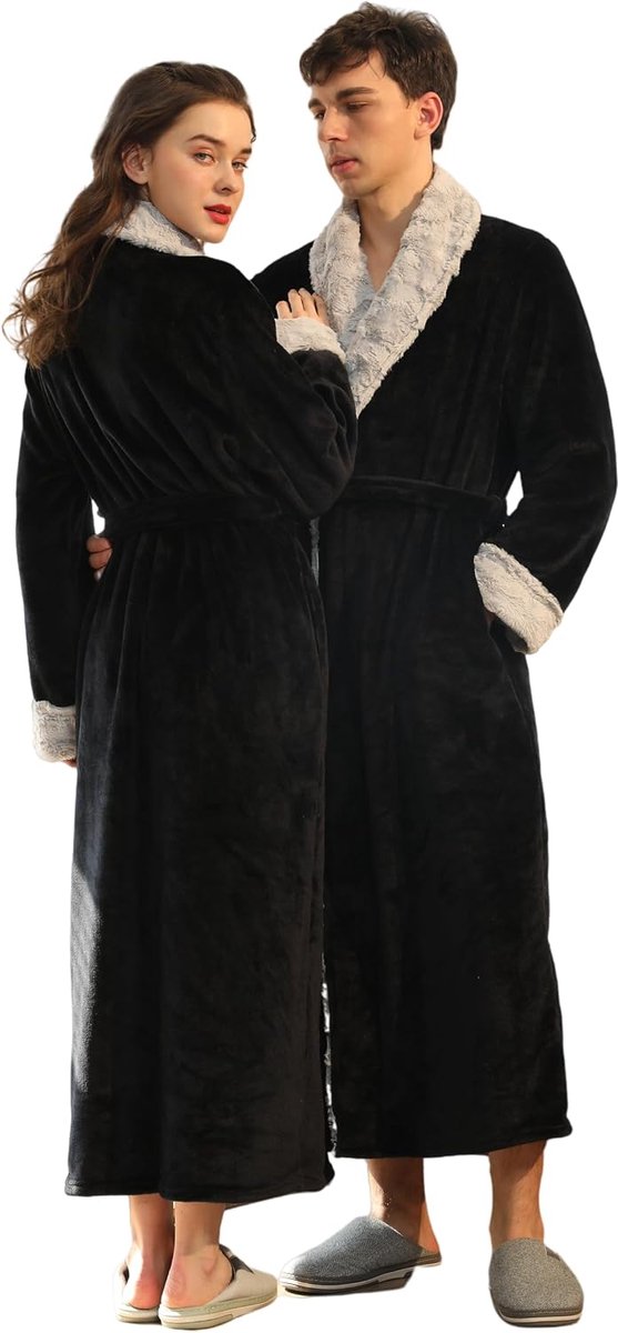 Badjas voor dames, wollig, lang, fleece badjas voor dames, grote maten, uniseks badjas set voor paren, ochtendjas voor dames en heren met lange riem