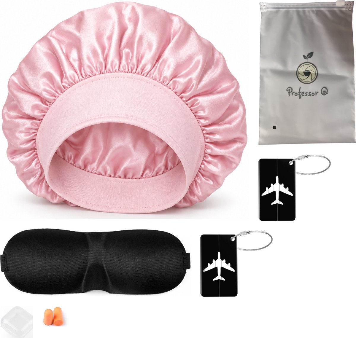 Professor Q Reisset - 2 Aluminium Kofferlabel Zwart - Slaapmasker Zwart - Bonnet Roze