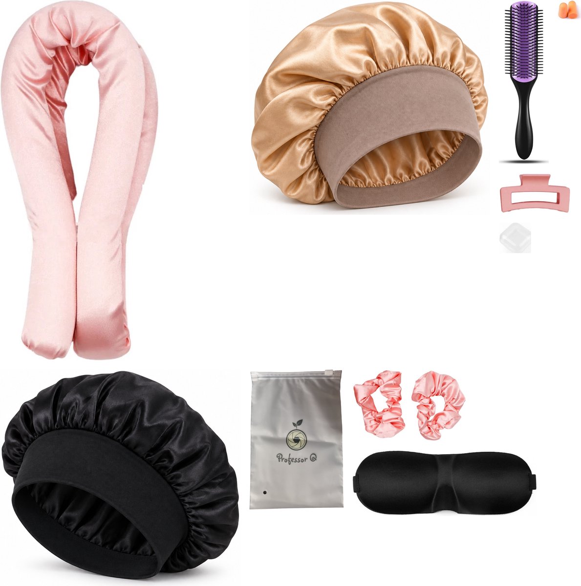 Professor Q Heatless Curls Set - Heatless Curlset met 2 Elastiekjes en Klem - Bonnet Zwart - Bonnet Goud - Purple Black Borstel - Slaapmasker Zwart