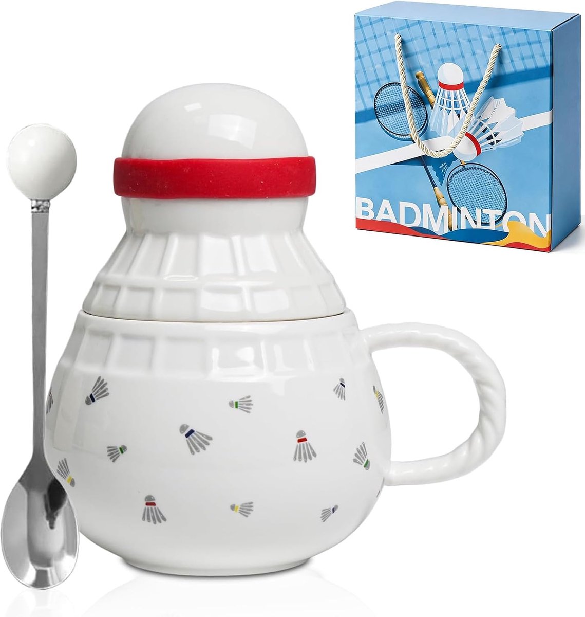 Koffiemok 370 ml met deksel en lepel, keramische beker, cadeauset voor badmintonfans, sportbeker voor spelers, trainers, verjaardag, Kerstmis, Vaderdag