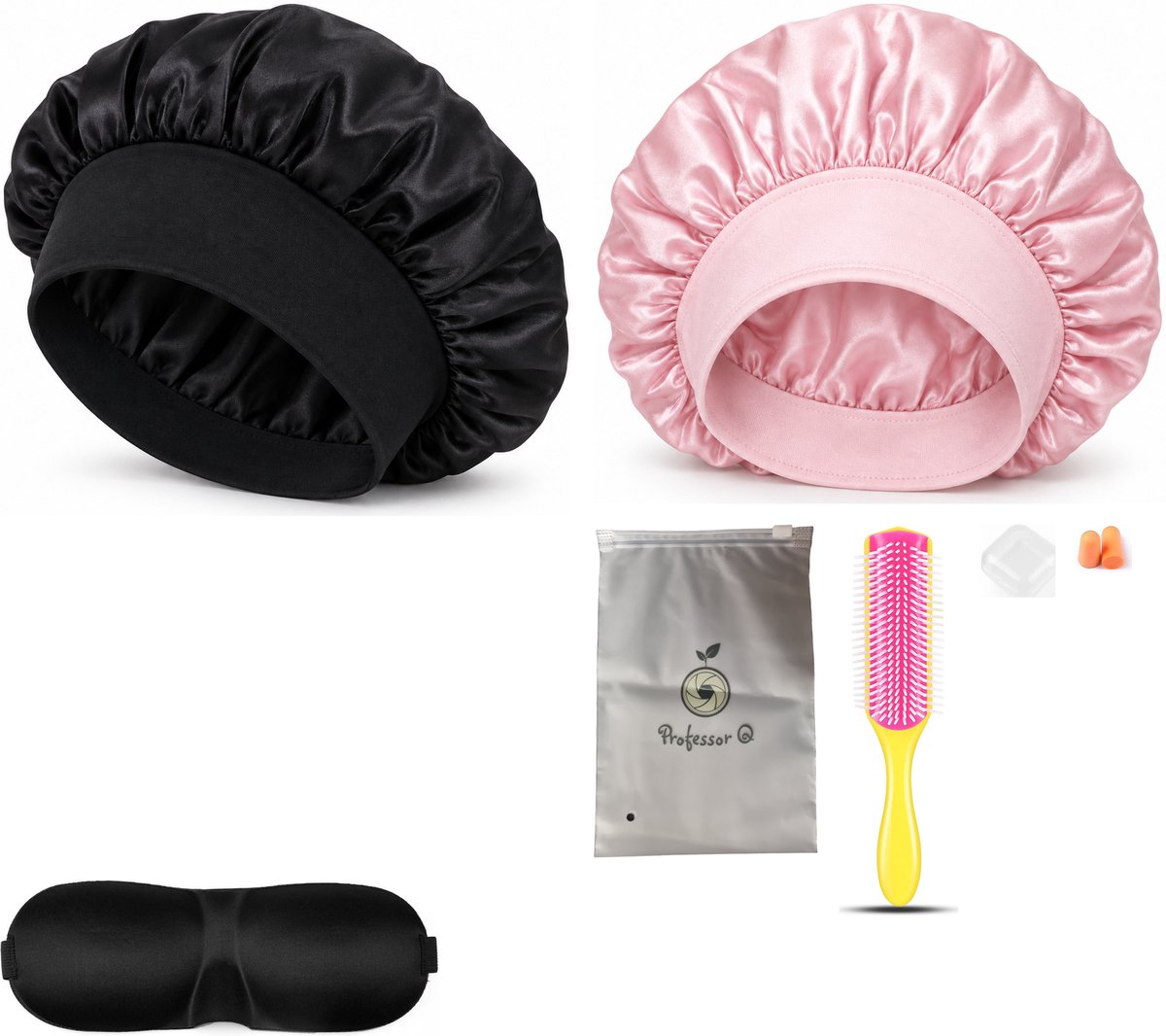 Professor Q Haarverzorgingsset - Bonnet Roze - Bonnet Zwart - Fusion Pink Borstel - Slaapmasker Zwart
