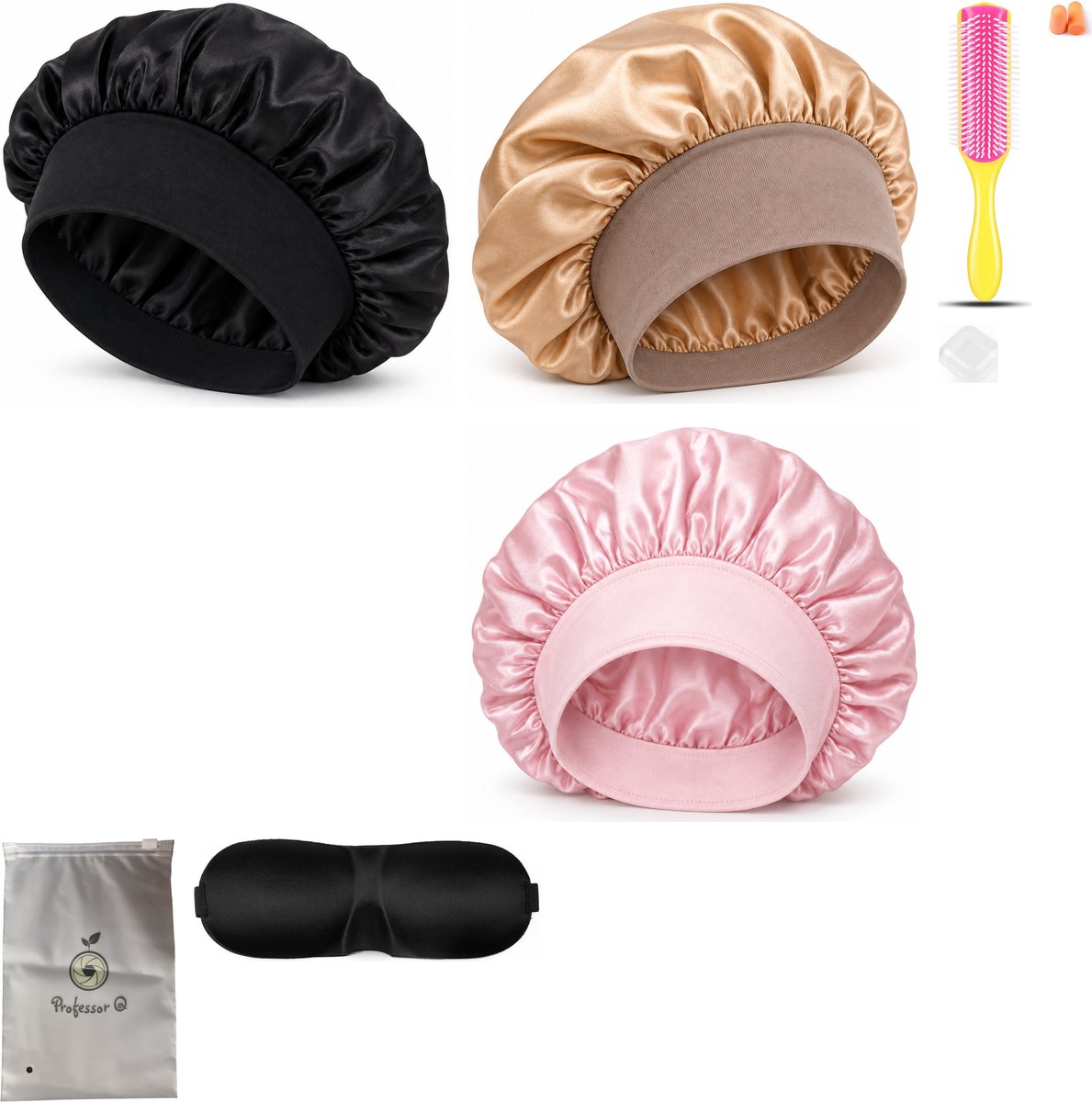 Professor Q Haarverzorgingsset - Bonnet Roze - Bonnet Zwart - Bonnet Goud - Fusion Pink Borstel - Slaapmasker Zwart