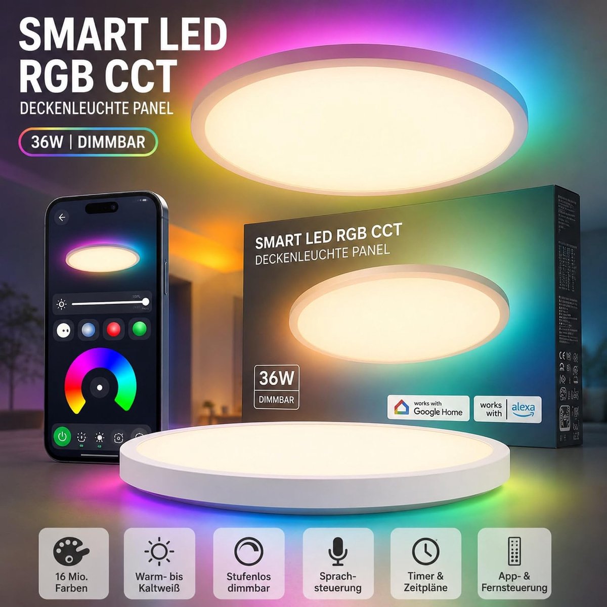 LED RGB CCT Plafondlamp Panel 36W, dimbaar, compatibel met Alexa, Google Home, spraakbesturing