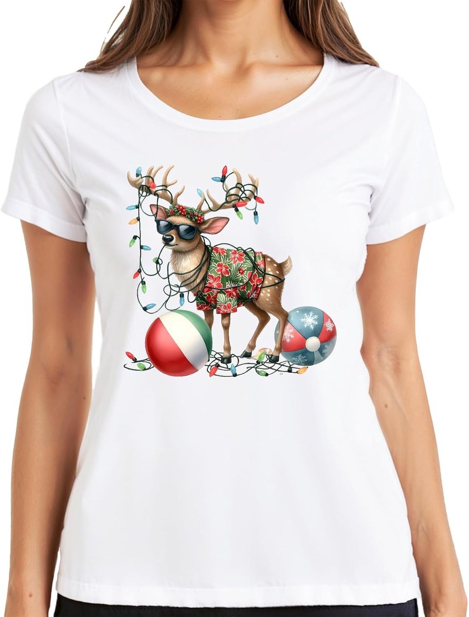 Rendier Hawaii overhemd Kerstmis zonnebril beachball dames T-shirt