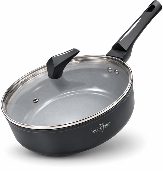Swiss Haus® LDF28B Hapjespan Inductie met Deksel - Ø 28 cm / 4.6 Liter - PFAS Vrij - Hapjespannen Voor Alle Warmtebronnen - Braadpan Met Sapphire™ Antiaanbaklaag - Zwart