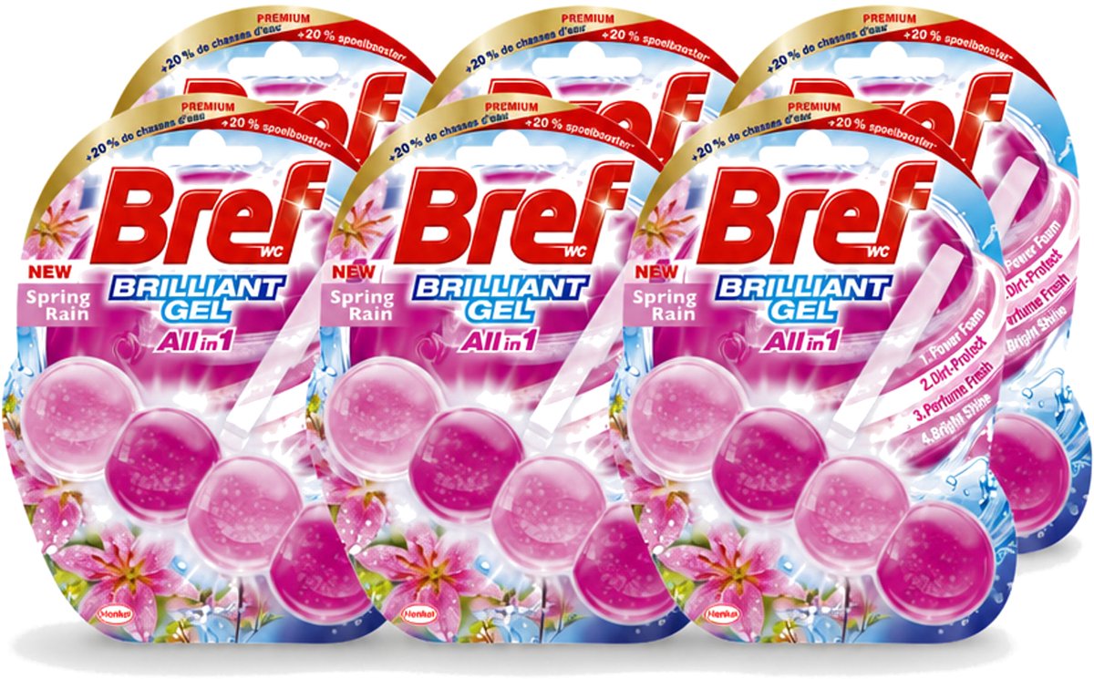 6 x Bref - Toiletblok - Brilliant Gel - Spring Rain - 42g - Voordeelverpakking - 6 stuks